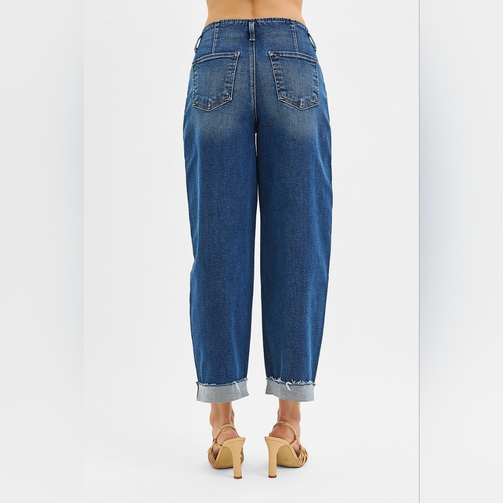 Risen HR Dark Wash Barrel Jeans Front Pintuck Seam Cuffed Raw Hem Various NEW - Picture 5 of 6